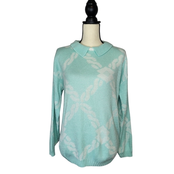 Domani Vintage Sweater Aqua White Grannycore Kawaii Collared Braid Pattern - Picture 1 of 8